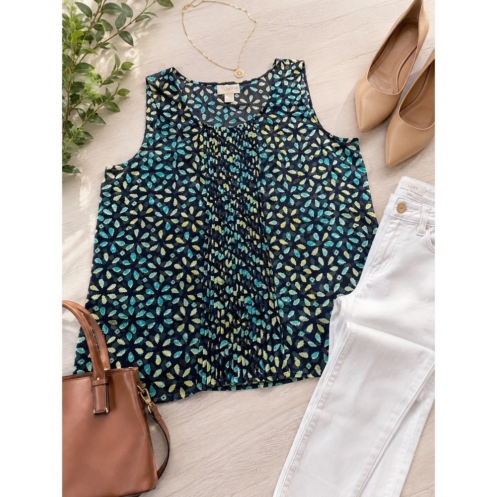 LOFT Navy Floral Sleeveless Blouse Navy Teal Top